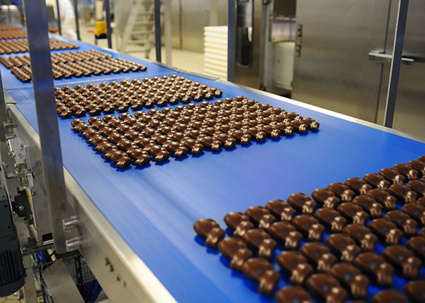 Des chocolats sur un tapis roulant dans une usine, disposés de manière uniforme et prêts à être emballés.