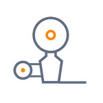 Un symbole simple et stylisé d'une machine avec deux roues et un corps central, dans des tons de gris et d'orange.