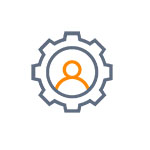 Texte : "Symbole d'un engrenage avec une personne stylisée au centre, représentée en gris et orange.