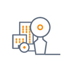 Représentation graphique d'un site avec des bâtiments et un marqueur de localisation en orange et gris.