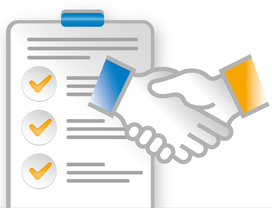 Poignée de main entre deux personnes à côté d'une liste de contrôle avec trois points cochés.