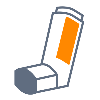 Inhalateur avec un indicateur de dose orange, présenté dans un style graphique minimaliste.