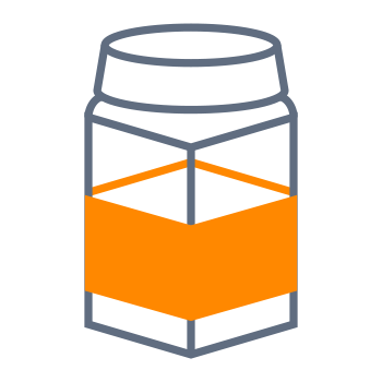 Un récipient en verre stylisé avec un ruban orange autour du milieu, entouré d'une bordure grise.