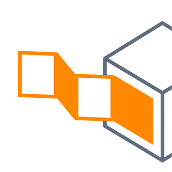 Un rectangle orange qui dépasse d'un cube gris, avec deux carrés blancs de chaque côté.