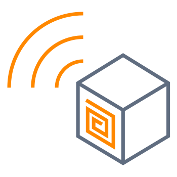 Un symbole stylisé d'un cube avec des lignes ondulées, représentant la transmission de signaux ou la communication.