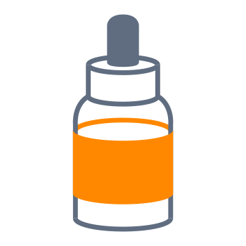 Une bouteille avec un compte-gouttes, qui présente une étiquette orange. La bouteille a un couvercle gris et un corps transparent.