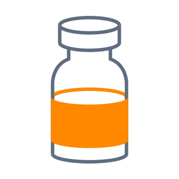 Un flacon de médicament avec une étiquette orange, contenant un liquide clair.