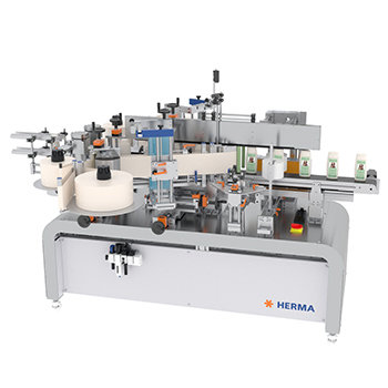 Une machine à étiqueter de HERMA avec plusieurs stations pour l'application d'étiquettes sur des bouteilles ou des conteneurs.