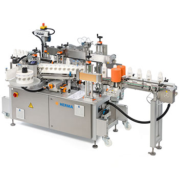 Machine étiqueteuse automatique à plusieurs stations, équipée de différents composants pour l'étiquetage de bouteilles ou de conteneurs.