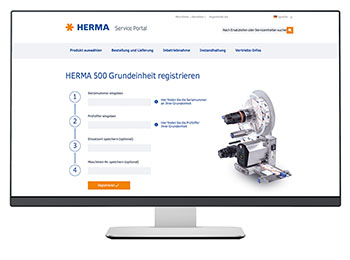 Portail de service HERMA avec les étapes d'inscription pour l'unité de base HERMA 500 et un appareil technique.