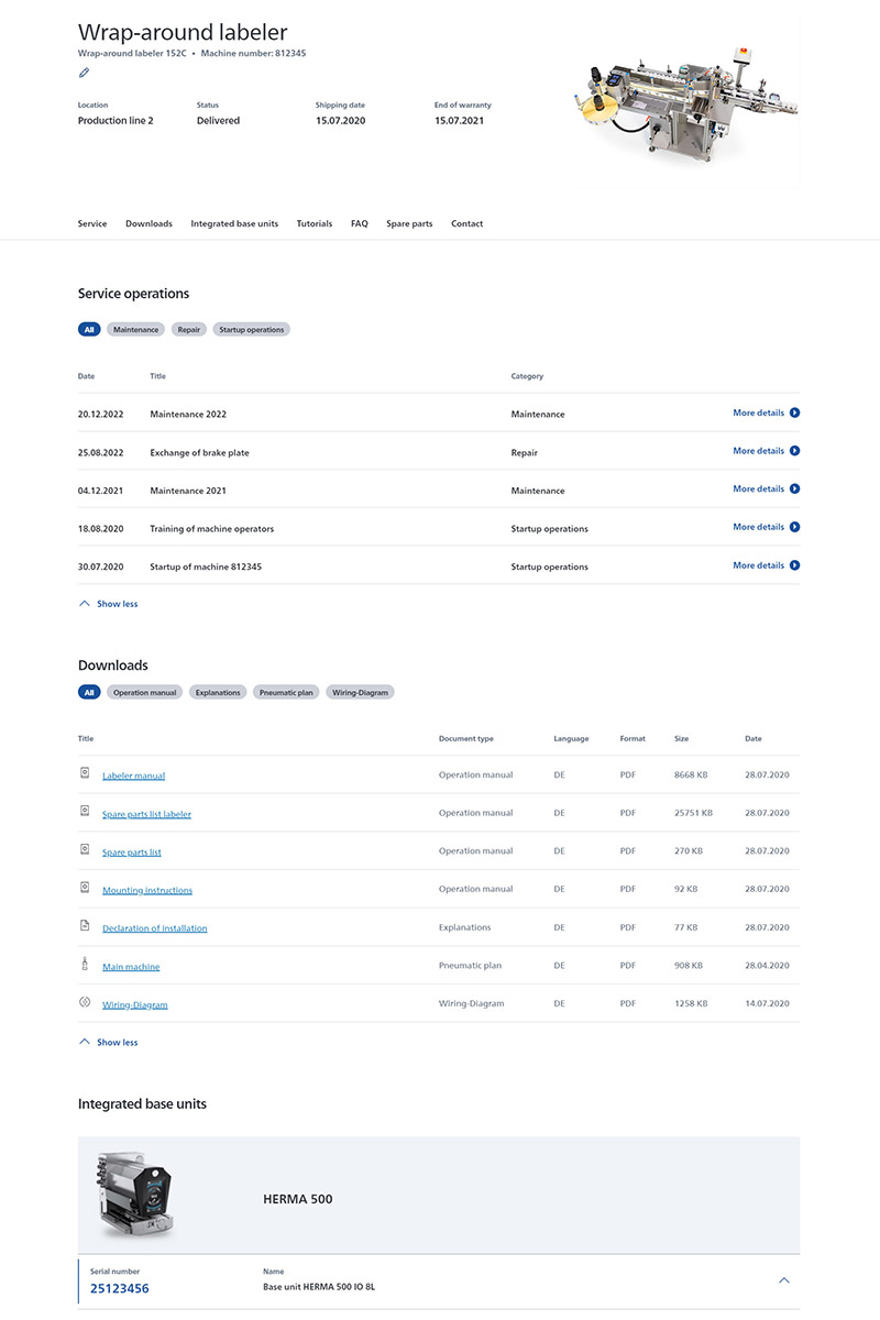 Étiqueteuse à enroulement avec détails techniques, protocoles de maintenance et options de téléchargement pour manuels et plans.