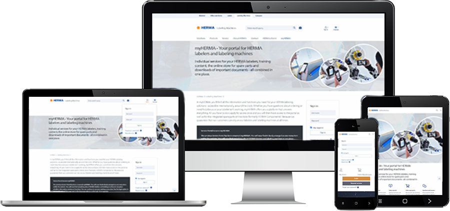 Plusieurs appareils affichent le site web de HERMA, qui propose des informations sur les étiquettes et les solutions d'emballage.