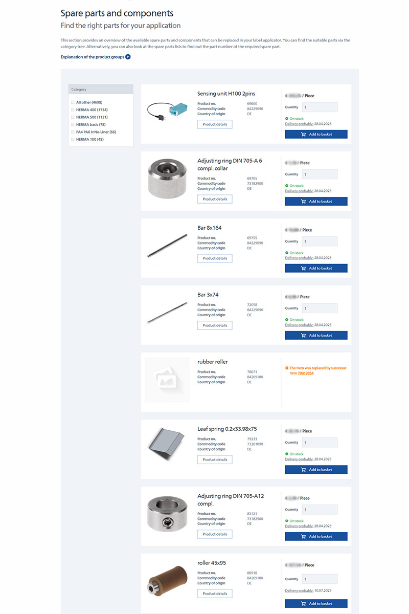 Pièces de rechange et composants pour diverses applications, y compris des capteurs, des verrous, des rouleaux en caoutchouc et des anneaux de réglage.