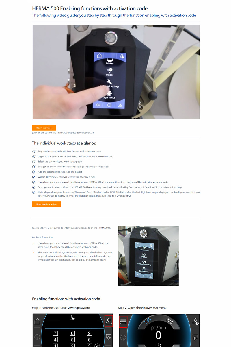 Un utilisateur active des fonctionnalités sur un appareil HERMA 500 en saisissant un code d'activation. L'écran affiche des options de personnalisation pour l'utilisateur.