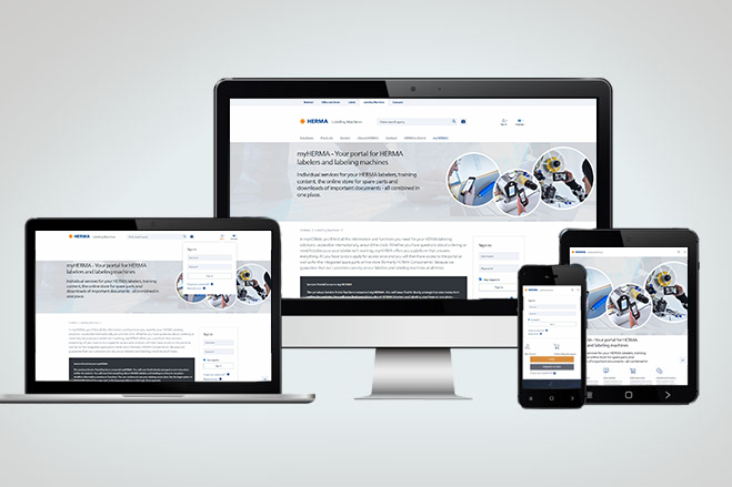 Plusieurs appareils affichent le site web de HERMA, qui propose des informations sur les étiquettes et les solutions d'étiquetage.