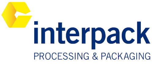 Logo du salon interpack, spécialisé dans le traitement et l'emballage. Symbole jaune et écriture bleue.