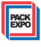 Logo de la PACK EXPO, entouré de rectangles rouges et bleus.