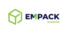 Logo d'Empack Hambourg, composé d'un cube stylisé et de l'inscription "EMPACK" en bleu et vert.