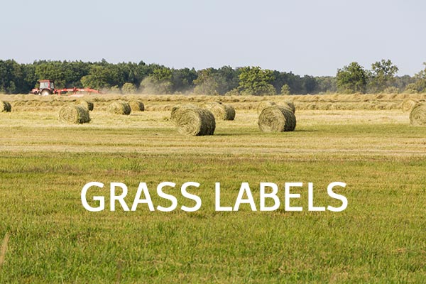 Étiquettes en herbe - Prairie avec des balles de foin, texte en anglais