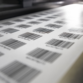 Étiquettes à code-barres HERMA avec numéros consécutifs, rouleau d'étiquettes dans la machine d'impression numérique.