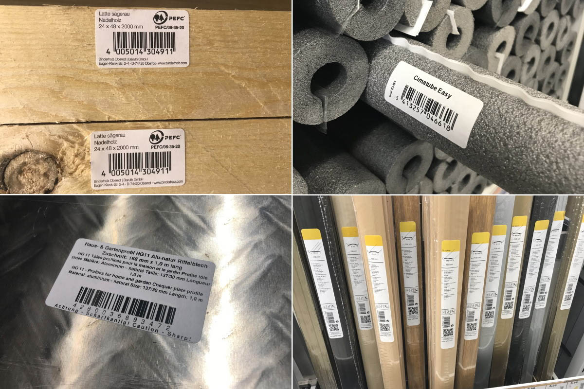 Solutions pour le secteur des matériaux de construction : Étiquettes de produits avec des caractéristiques spéciales pour des surfaces difficiles (bois, polystyrène, tôle ondulée, film rétractable)