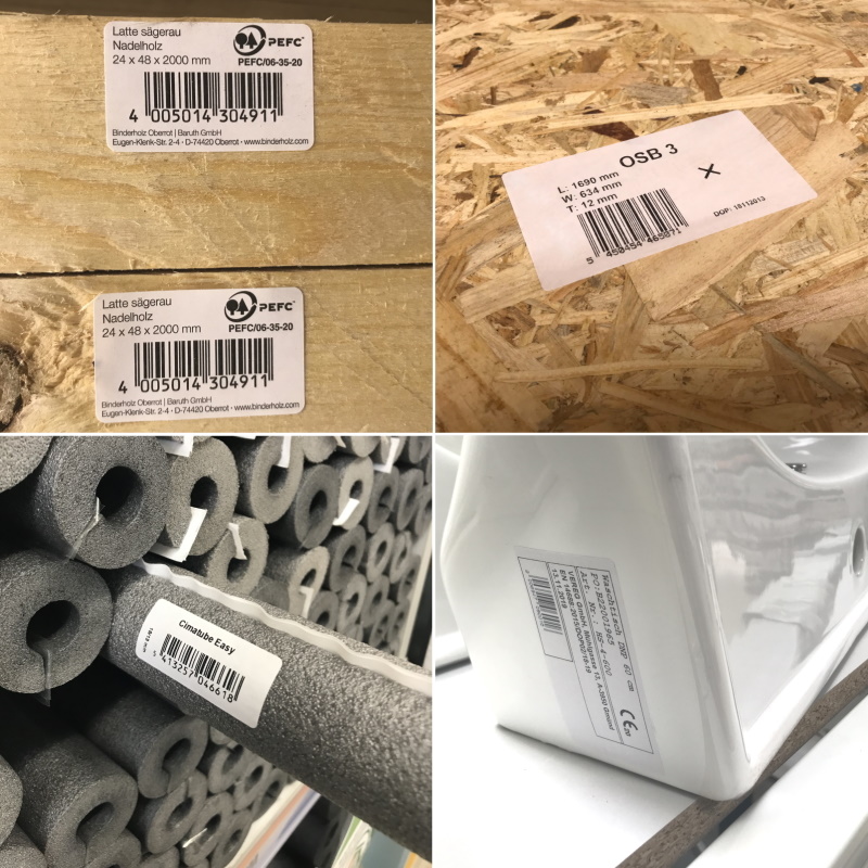 Solutions secteur des matériaux de construction : Étiquettes de produits avec des propriétés spéciales pour surfaces difficiles (bois, panneau OSB, polystyrène, céramique)