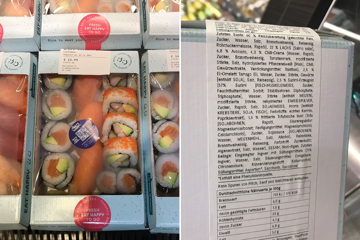 Solutions alimentaires : L'étiquette de marquage des produits sur un emballage à emporter avec des sushis sert également d'étiquette de fermeture grâce à un collage en coin.