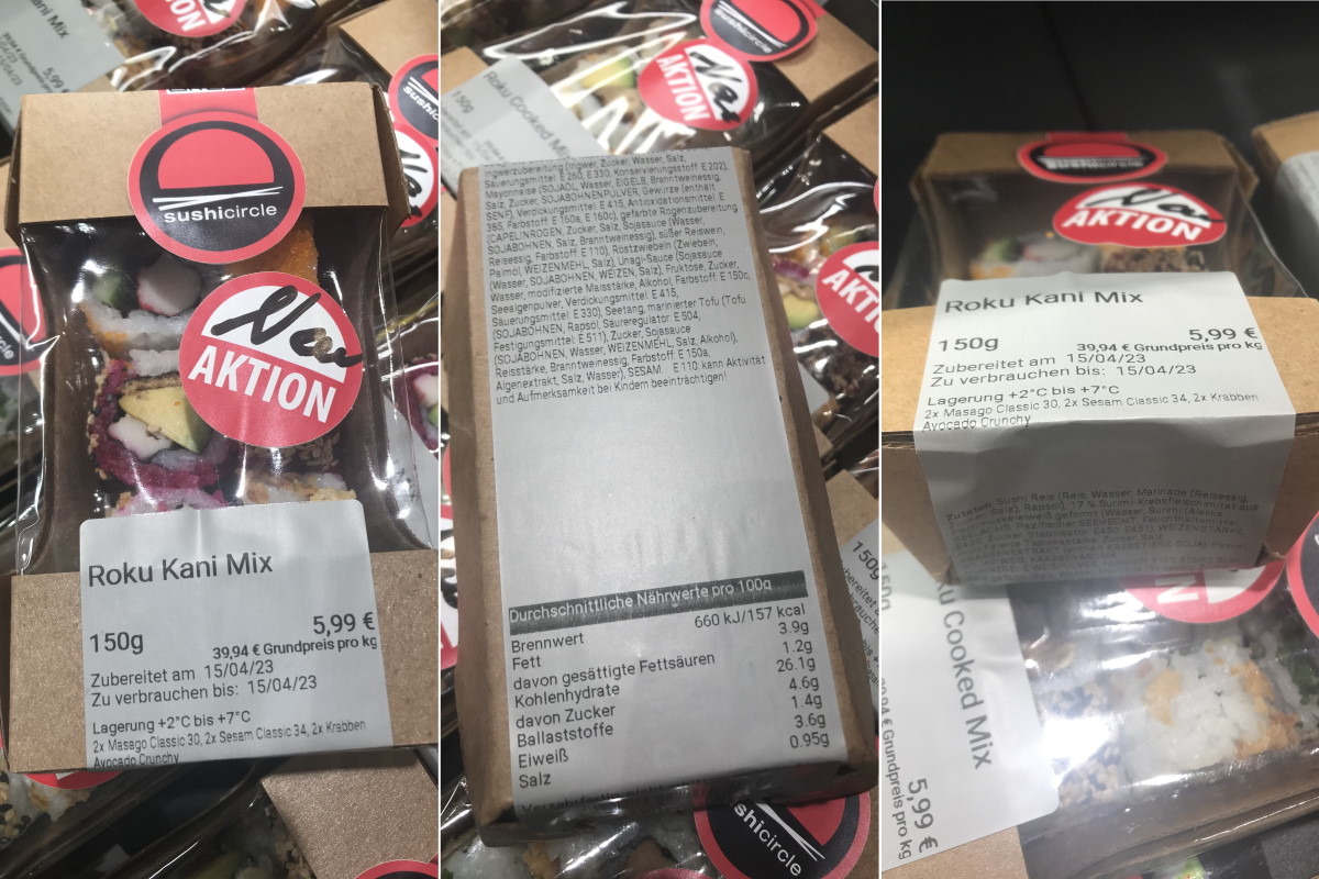 Solutions alimentaires : L'étiquette de marquage des produits sur un emballage à emporter avec des sushis sert également de label de fermeture grâce à un collage en coin.