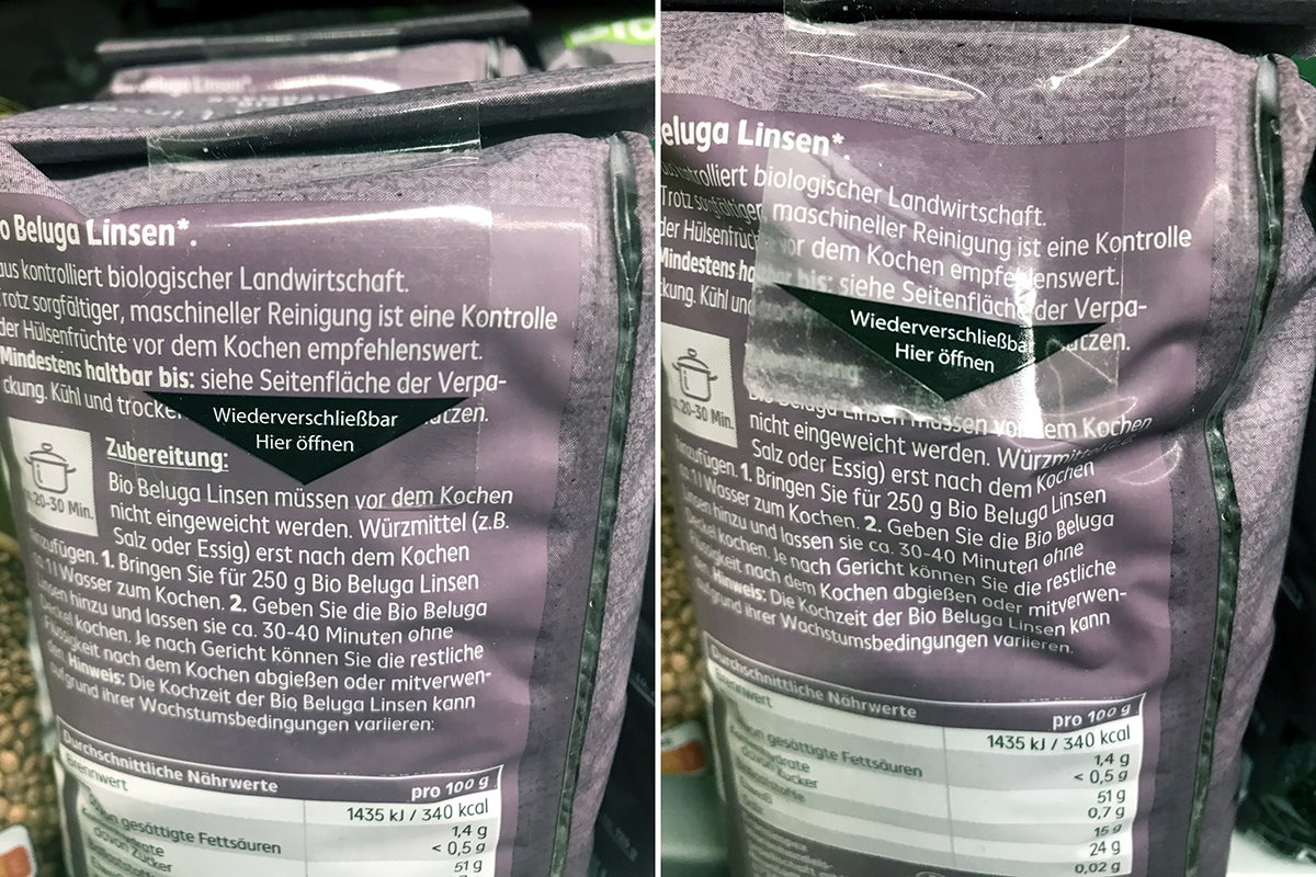 Étiquettes de fermeture : étiquette de fermeture transparente avec languette colorée imprimée, sur emballage en sachet pour lentilles.
