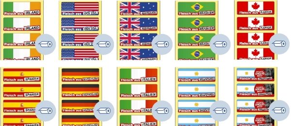 Étiquettes en rouleau imprimées en couleur pour l'étiquetage de la viande avec indication du pays d'origine.