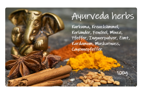 Commander des étiquettes en rouleau en impression numérique en ligne : Étiquette Ayurveda Herbs, rectangulaire
