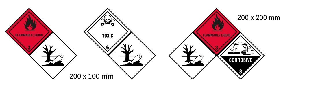 Étiquettes de substances dangereuses et de marchandises dangereuses : Exemples d'étiquettes de danger 2 en 1 et 3 en 1.