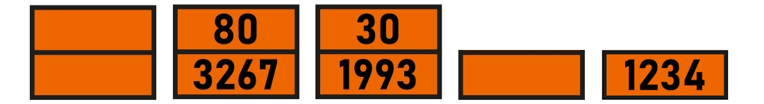 Étiquettes de substances dangereuses et de marchandises dangereuses : Exemples de panneaux de danger ADR orange.