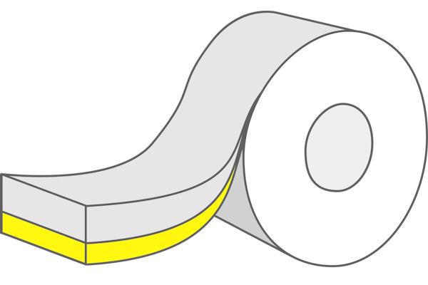 HERMA InNo-Liner : Construction de l'adhésion avec du papier étiquettes (gris clair) et un adhésif activé à l'eau (jaune)