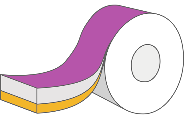 Étiquettes HERMA sans liner classiques : structure de l'adhésif avec une couche de séparation en silicone (magenta), papier d'étiquette (gris clair) et adhésif autocollant (ocre).