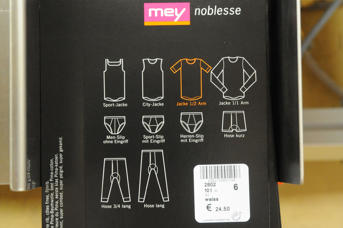 Étiquettes activables au laser : étiquette de marquage produit sur l'emballage Mey, extrait.