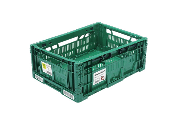 Conteneur réutilisable vert (boîte pliable), idéal pour être étiqueté avec des étiquettes à enlever facilement.