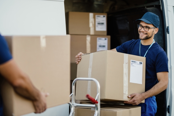 Étiquettes d'expédition et de palettes : Livraison de colis avec un fourgon, un employé de la société de transport place le carton d'expédition sur un transpalette.
