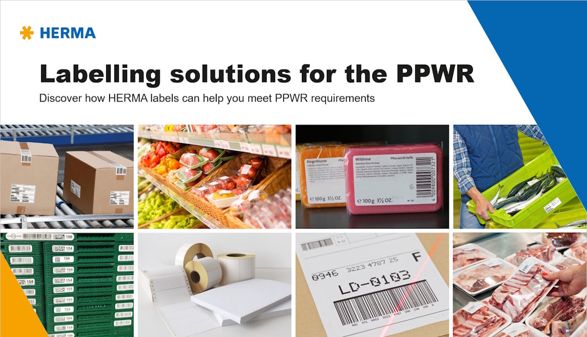 Solutions d'étiquetage pour le PPWR. Différentes étiquettes HERMA sur les emballages, les aliments et les produits pour répondre aux exigences du PPWR. Page de couverture du livre blanc en anglais.