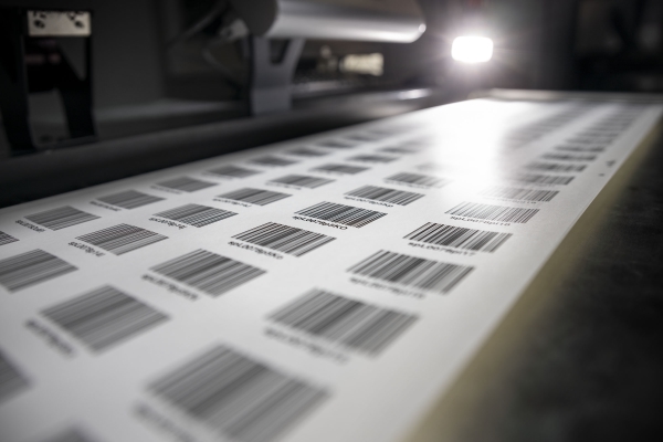 Étiquettes à code-barres HERMA avec numéros consécutifs, rouleau d'étiquettes dans la machine d'impression numérique.