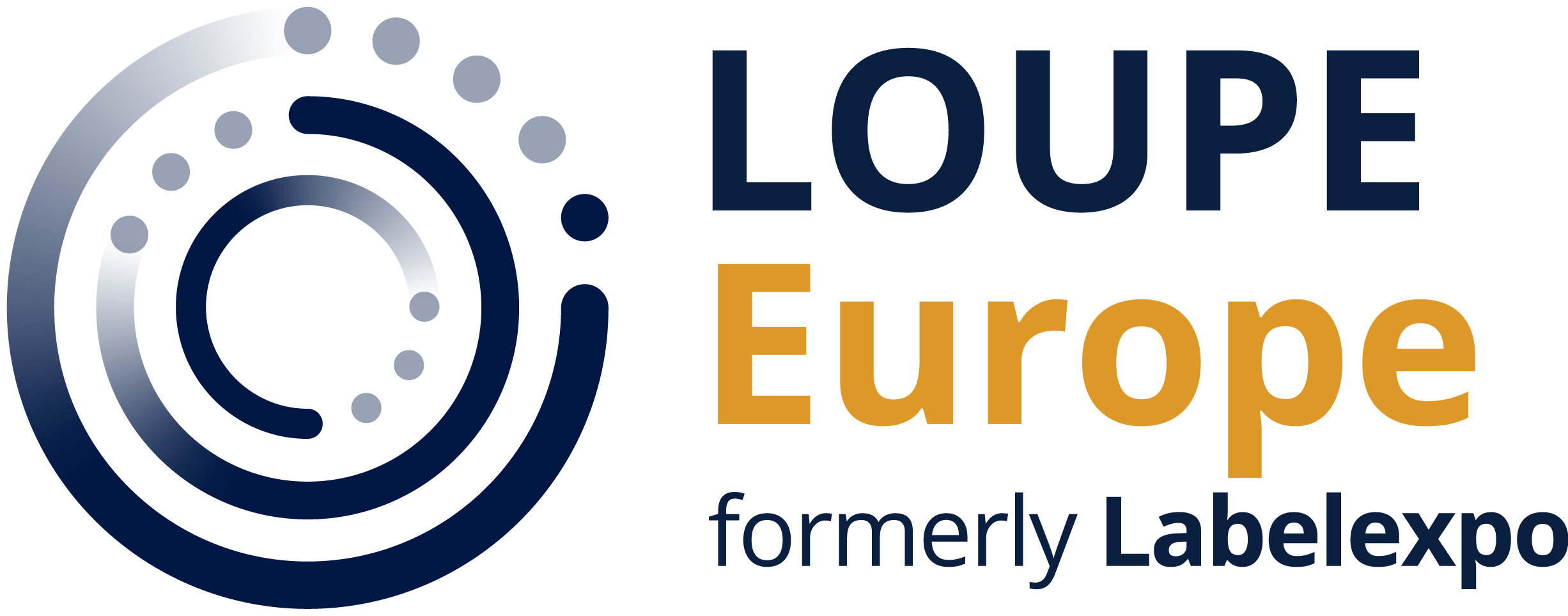 Logo de LOUPE Europe, anciennement Labelexpo, avec un élément graphique en forme de cercle et une inscription en bleu et orange.