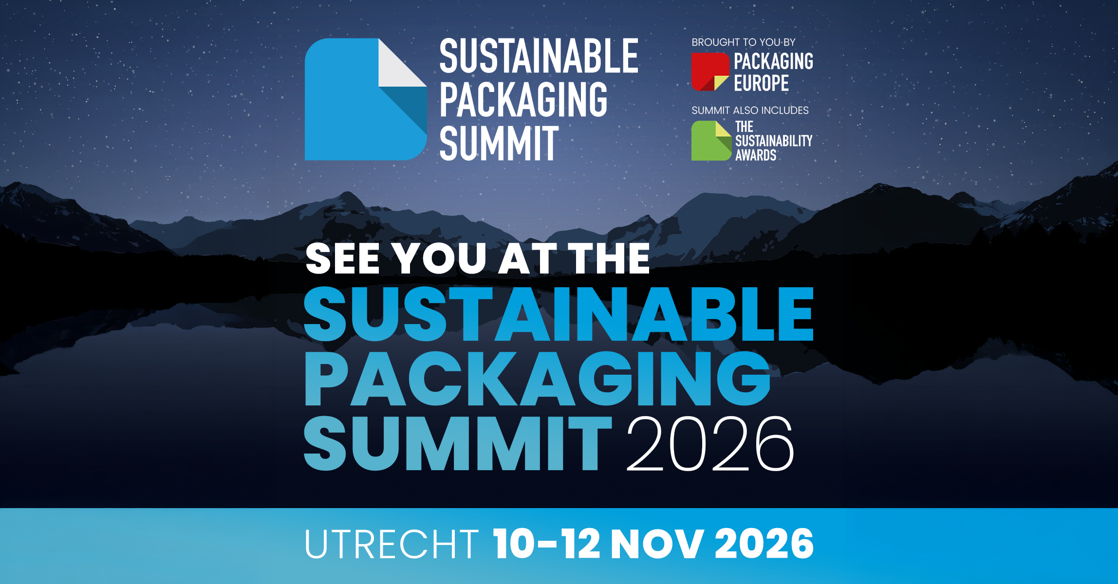 Sommet sur l'emballage durable 2026 à Utrecht, du 10 au 12 novembre. Invitation à participer à l'événement et aux prix de la durabilité.