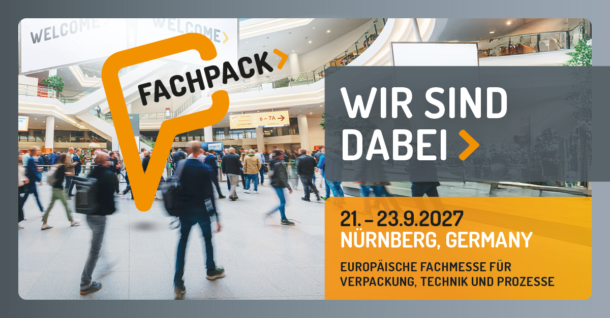 Texte : "Salon Fachpack à Nuremberg, Allemagne, du 21 au 23 septembre 2027, axé sur l'emballage, la technologie et les processus.