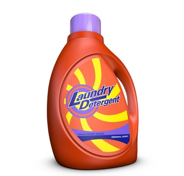 Bouteille de détergent à lessive en orange-rouge, avec un couvercle violet et un design jaune. L'étiquette indique "Détergent à lessive" et "Parfum original".