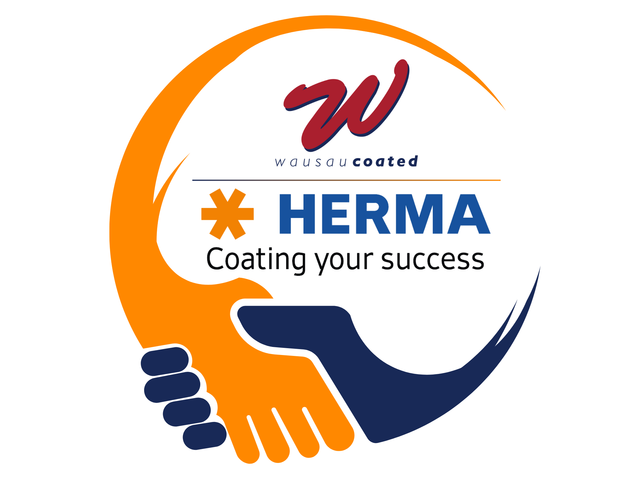 Texte : "Logo avec deux mains qui s'entrelacent, accompagné du texte 'HERMA Coating your success' ainsi que de l'inscription 'wausau coated'.