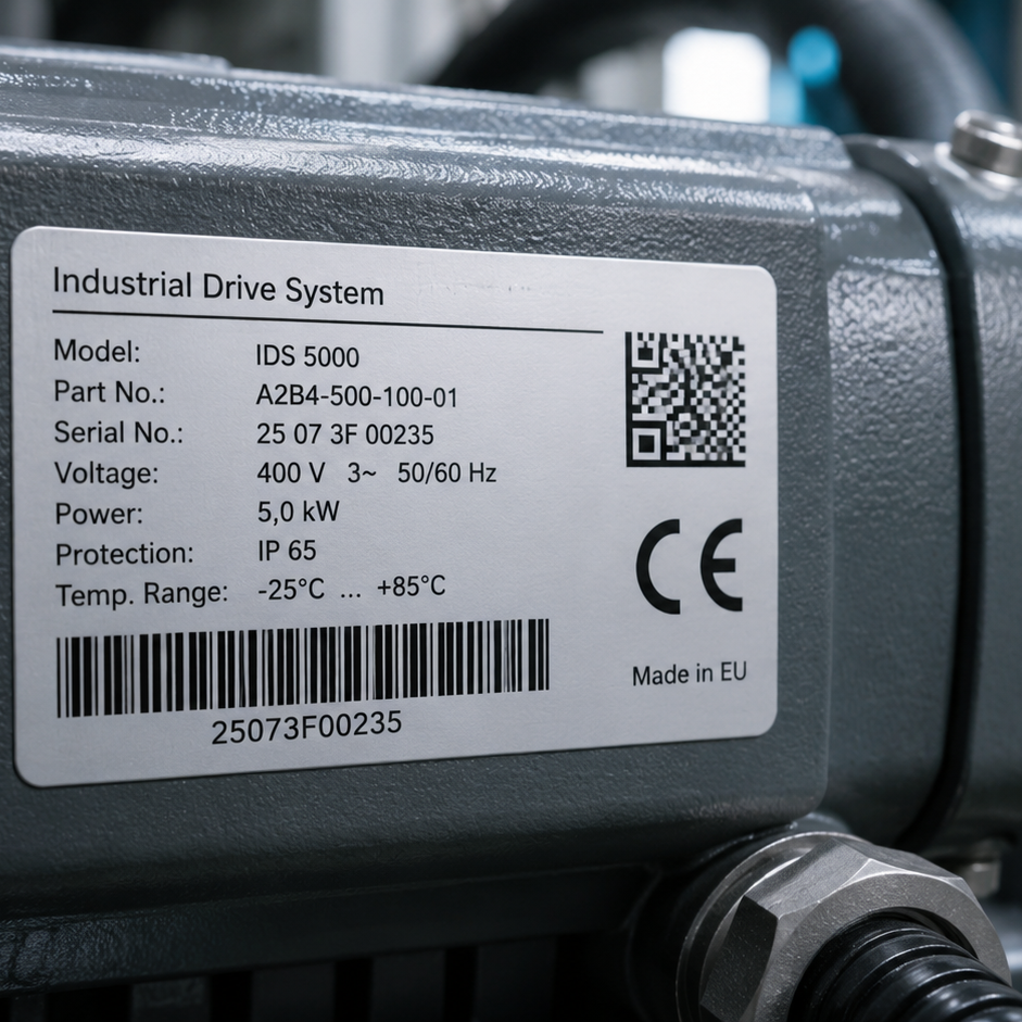 Système d'entraînement industriel avec numéro de modèle IDS 5000, tension 400 V, puissance 5,0 kW, degré de protection IP 65, plage de température de -25°C à +85°C.