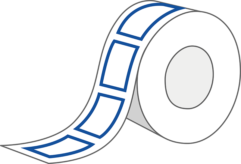 Un rouleau d'étiquettes autocollantes, partiellement déroulé, présente un design simple et bleu sur sa surface.