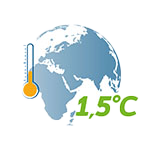 Carte du monde avec un thermomètre et une indication de température de 1,5°C, symbolisant l'augmentation de la température mondiale.