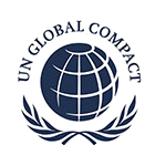 Texte : "Logo du Pacte mondial des Nations Unies avec un globe stylisé et une couronne de laurier.