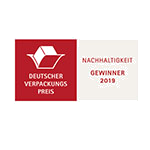 Prix allemand de l'emballage, catégorie Durabilité, gagnant 2018. Logo rouge avec un symbole d'emballage stylisé.